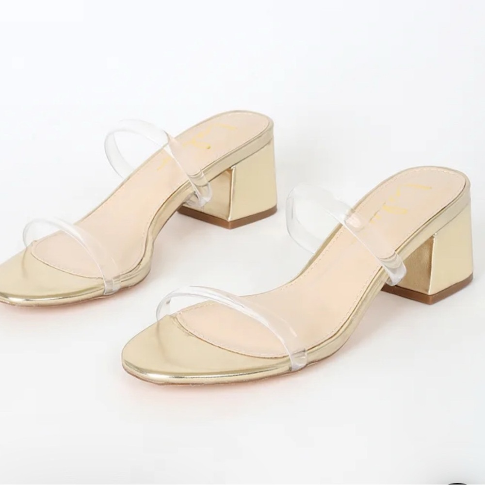 Elegant Lulus “Savina” Gold Block Heel Sandals